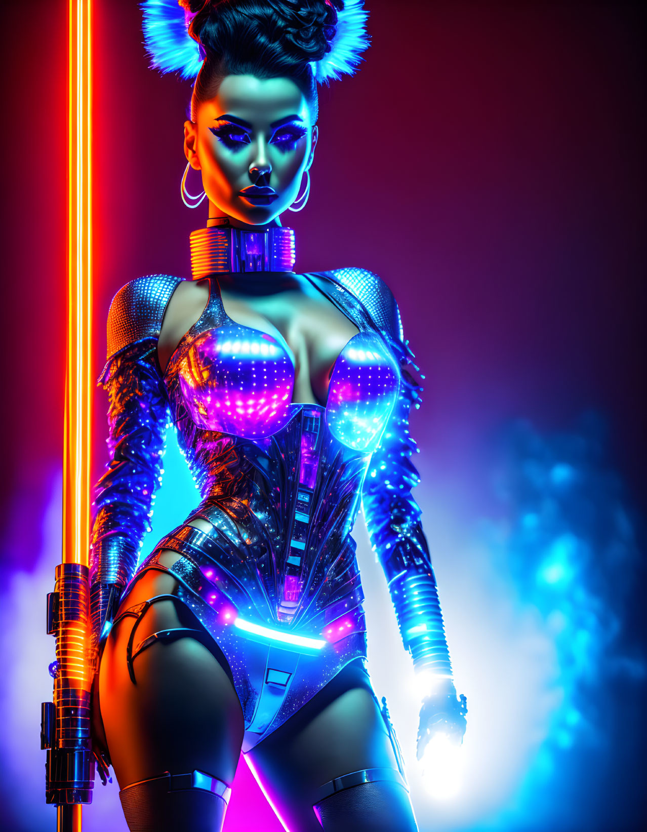 Female cyborg with neon lighting and red staff displaying advanced technology.