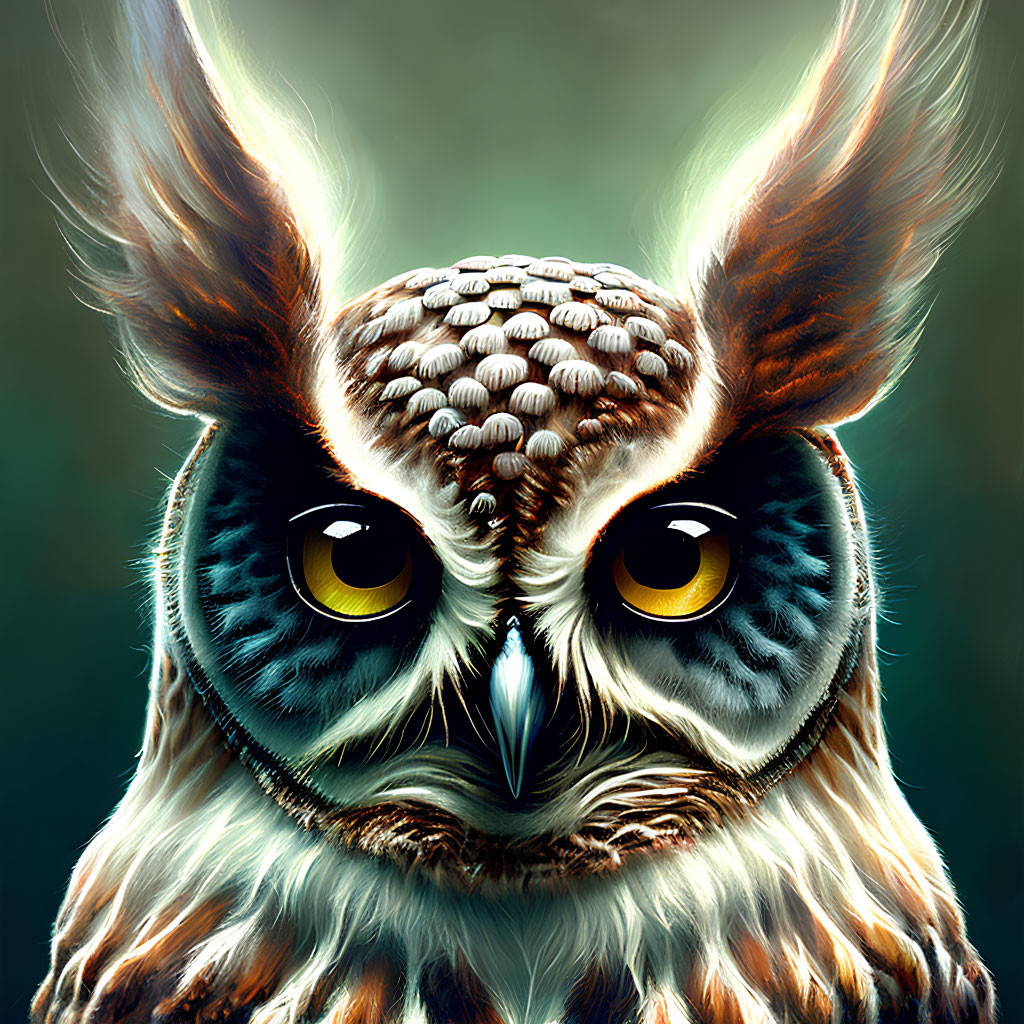 Detailed Owl Illustration with Yellow Eyes and Ear Tufts