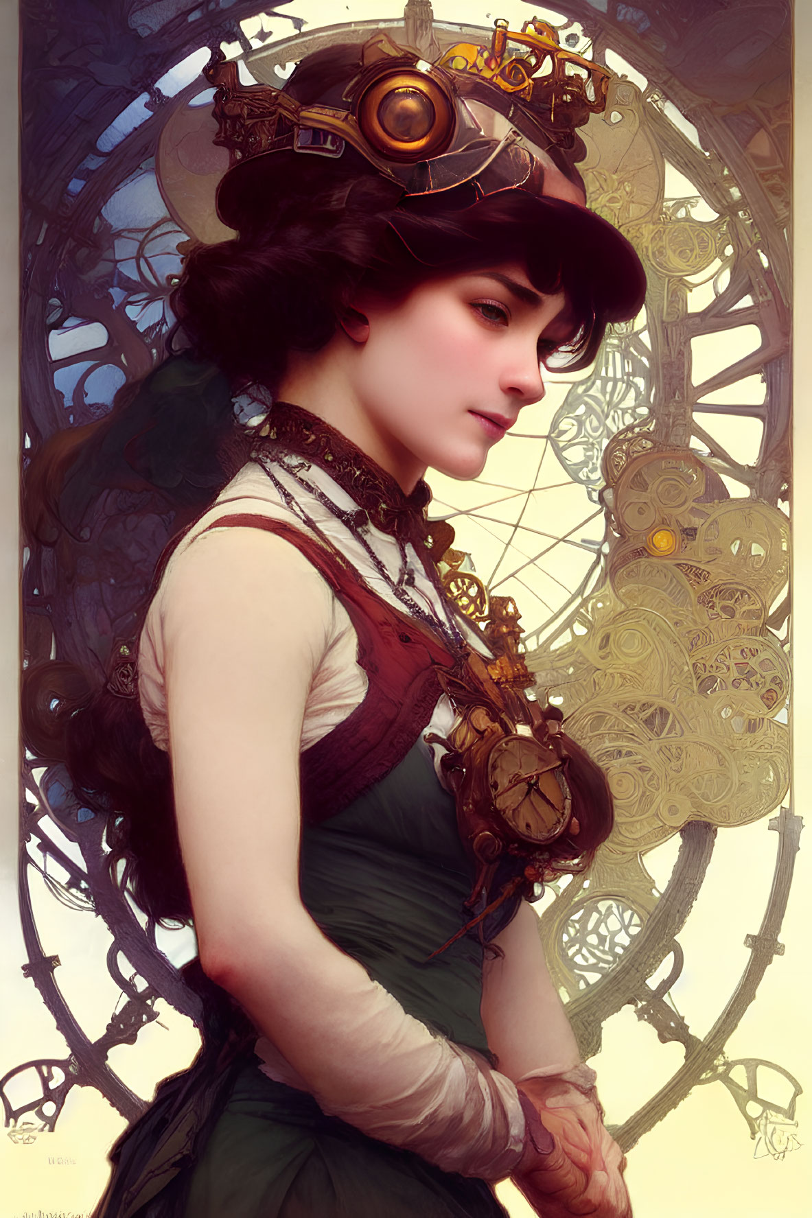 Steampunk-themed digital artwork of a woman with mechanical headdress and vintage attire.