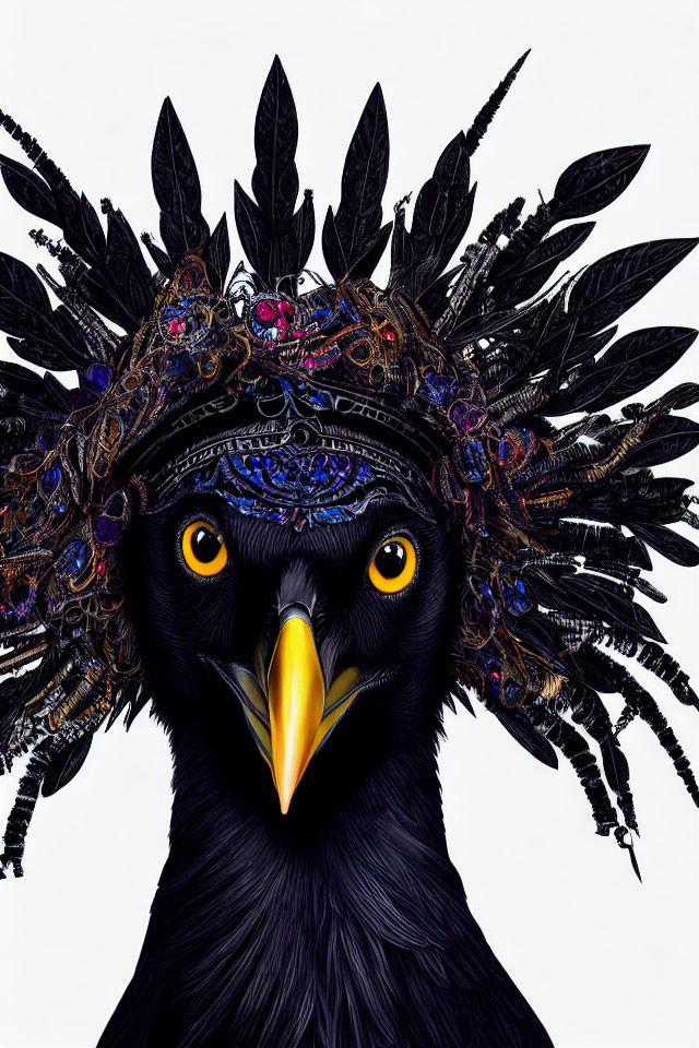 Detailed Illustration: Black Bird with Yellow Eyes & Elaborate Feather Headdress