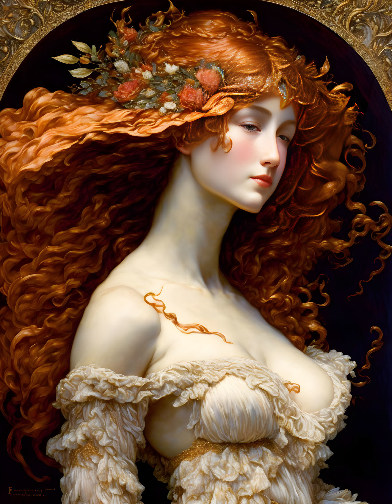 Portrait of a Woman with Red Hair and Floral Adornments