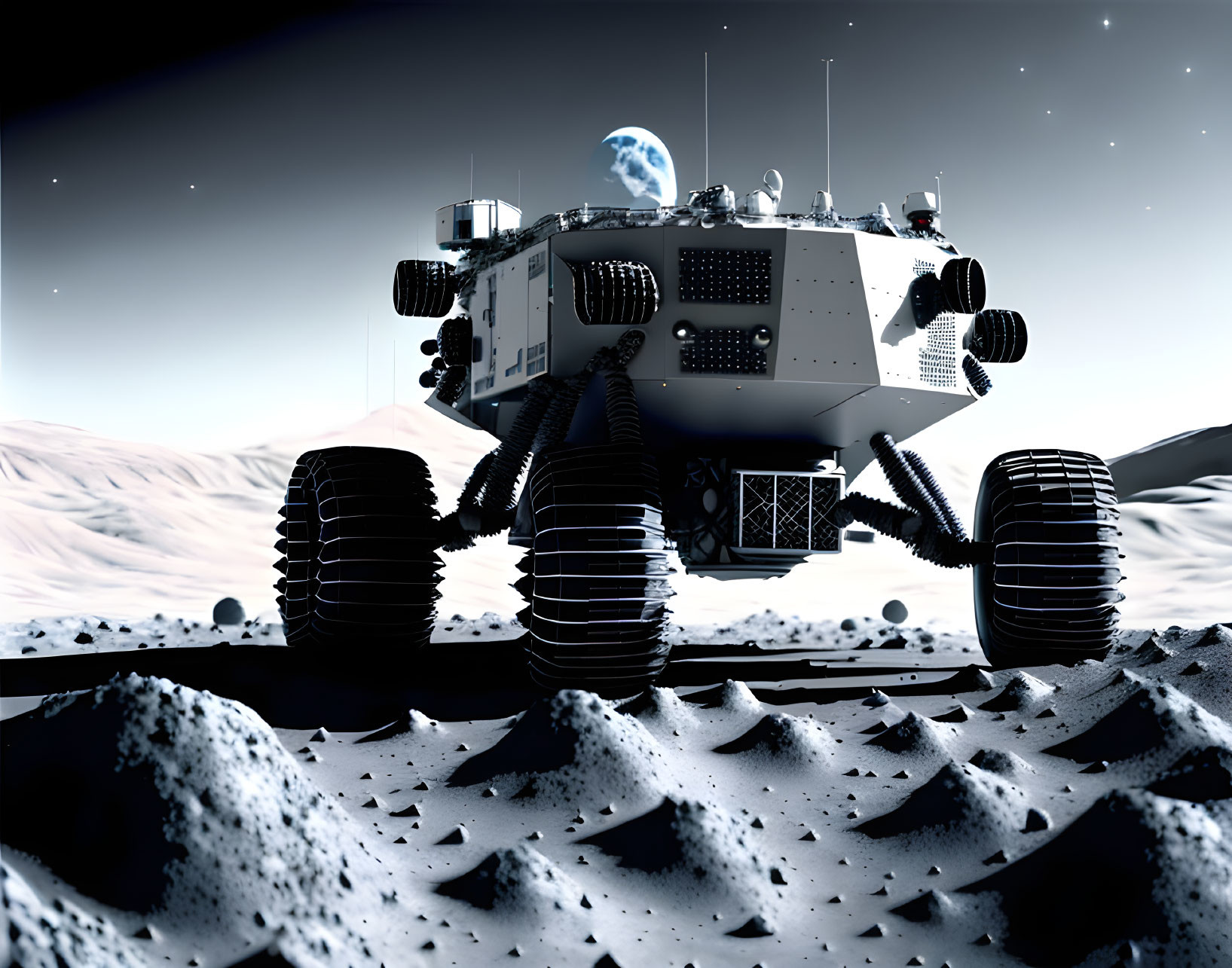 Six-Wheeled Lunar Rover on Moon's Surface with Earth in Background