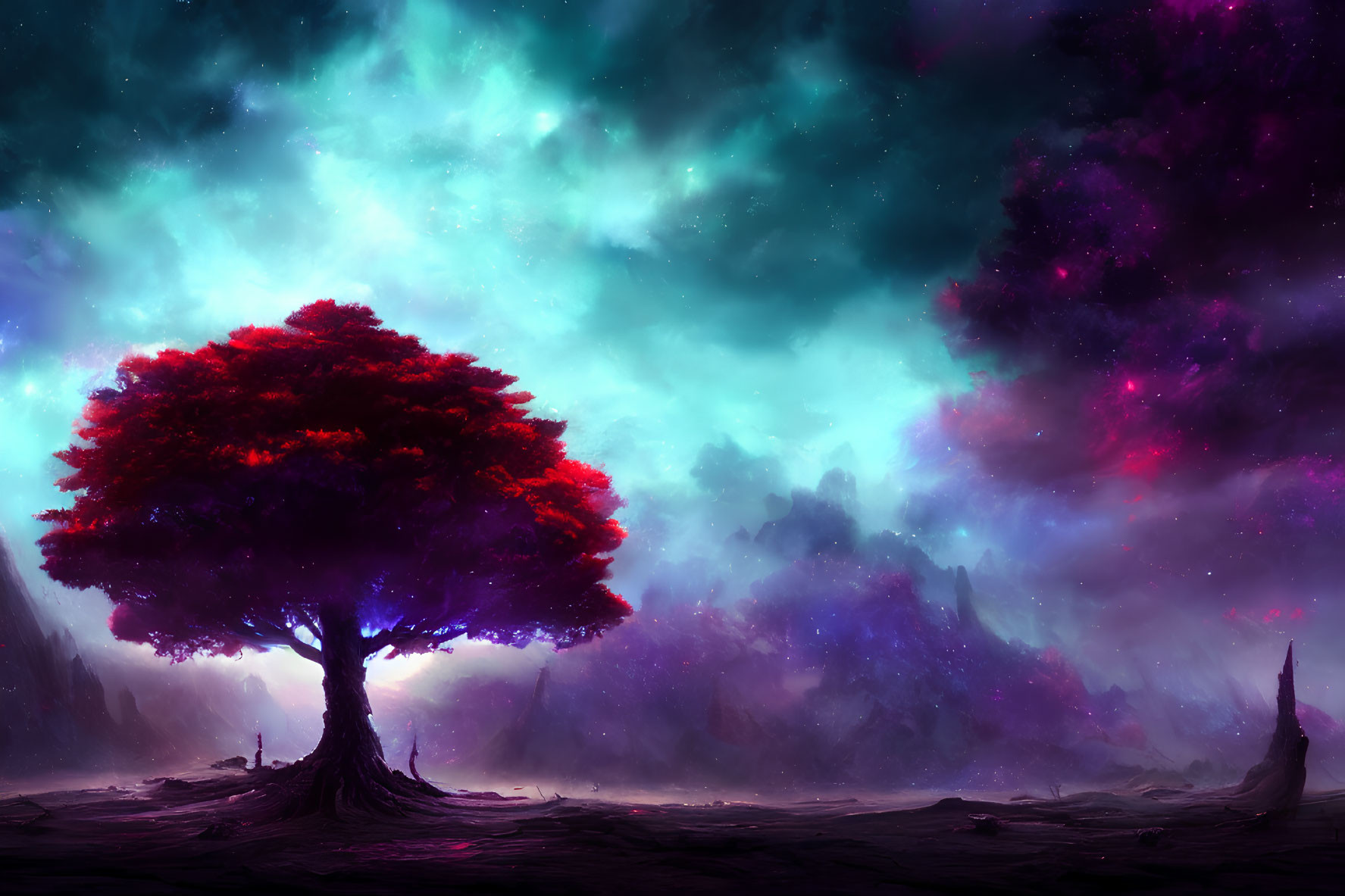 Vibrant red tree under aurora-lit sky in alien landscape