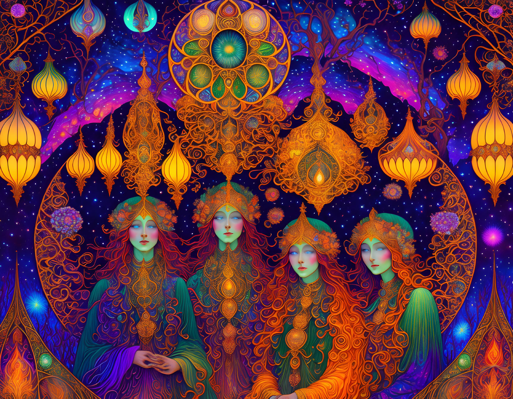 Colorful psychedelic artwork: Four women in ornate attire with intricate patterns and lanterns on cosmic background