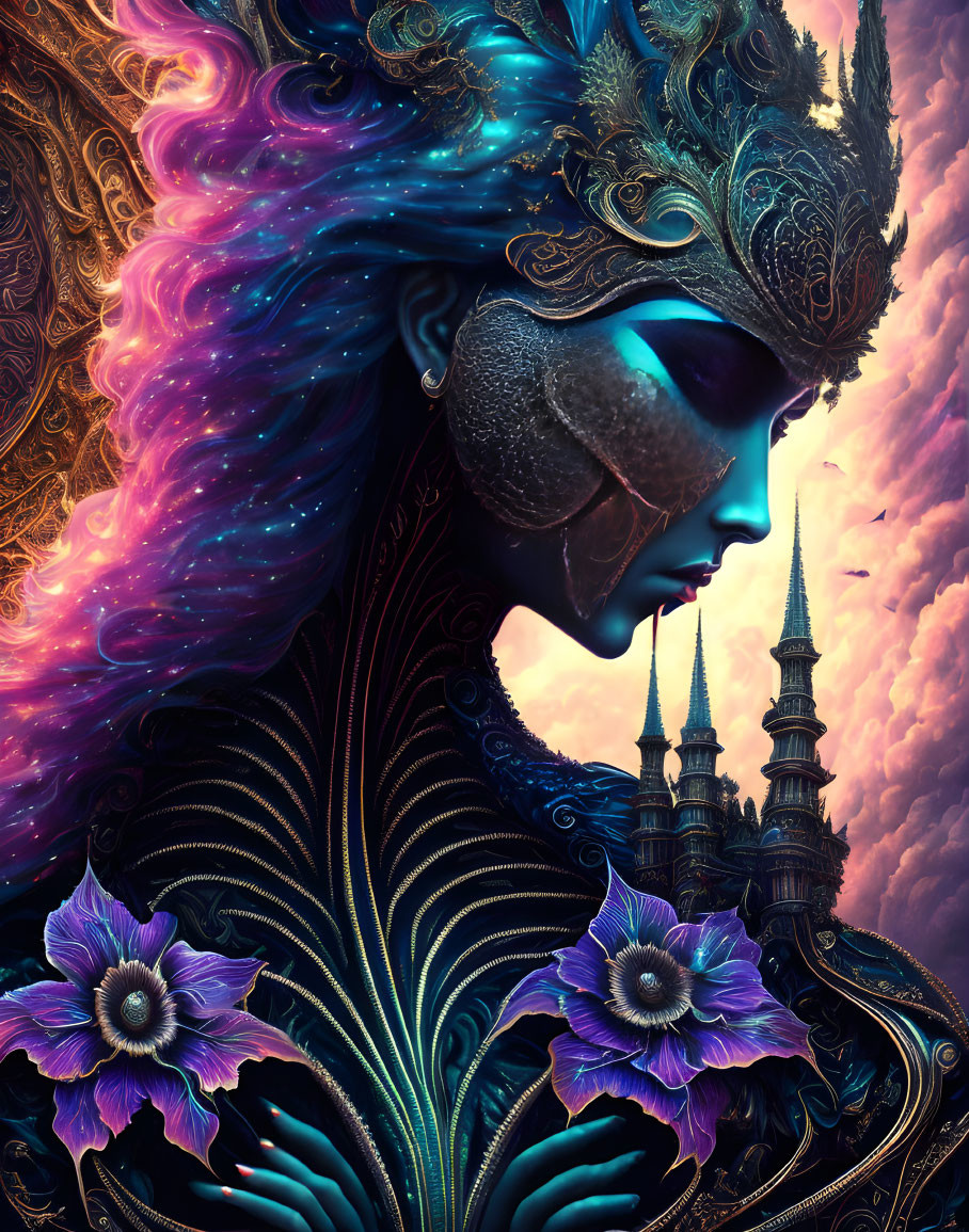 Colorful artwork: woman with cosmic hair, mask, ornate armor, castle, flowers