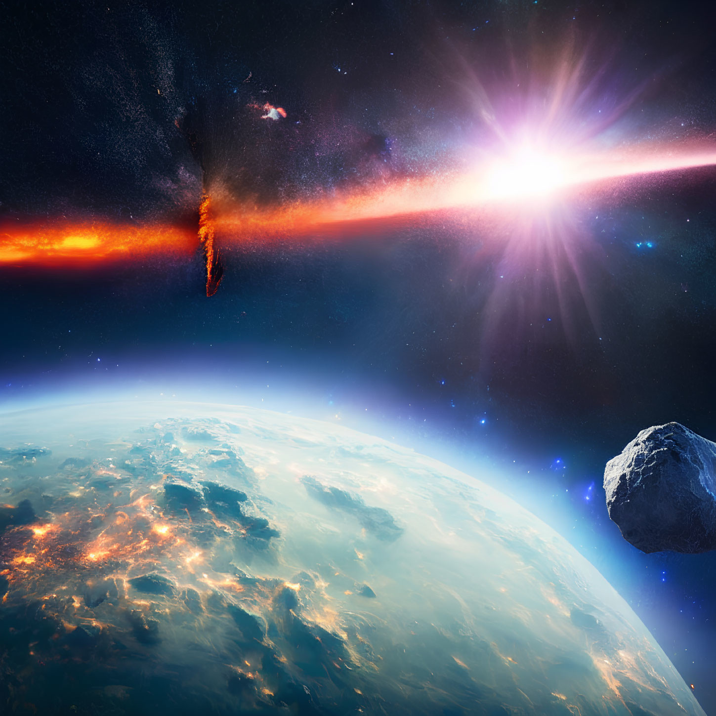 Colorful space scene with sun, comet, asteroid, and Earth-like planet