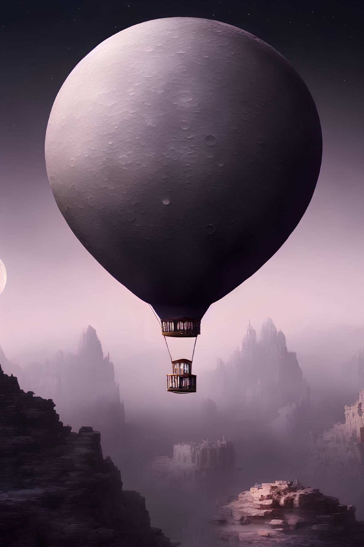 Surreal moon-shaped balloon floating over mystical rocky landscape