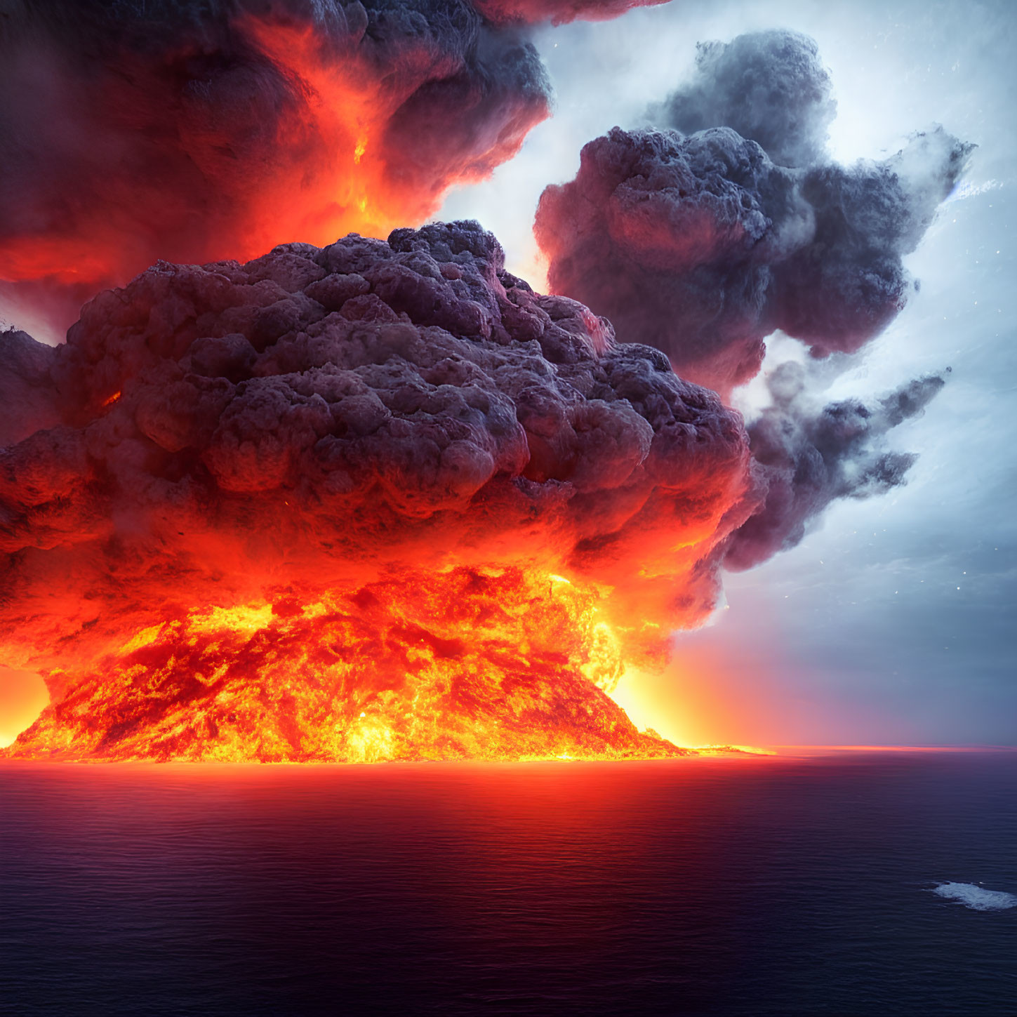 Dramatic volcanic eruption at sea with fiery lava and smoke clouds