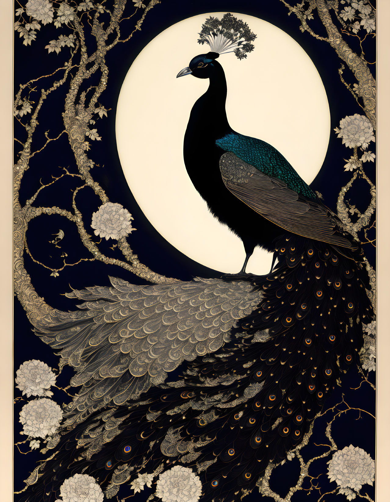 Majestic peacock illustration with spread tail feathers on floral moonlit backdrop