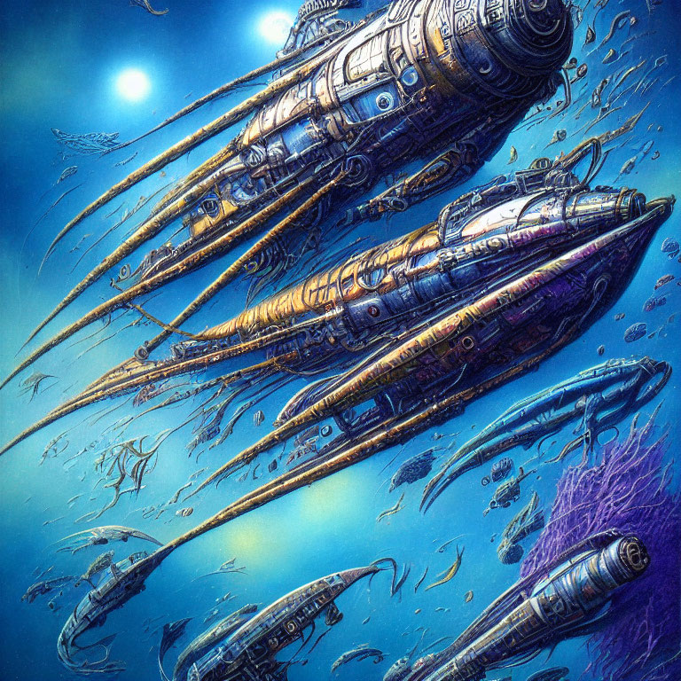 Futuristic submarines exploring underwater landscape with aquatic life and coral formations in sunlit water