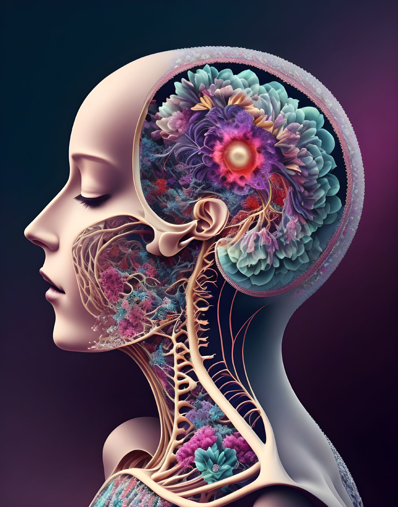 Digital artwork: Female profile with transparent head, colorful flowers symbolizing brain anatomy