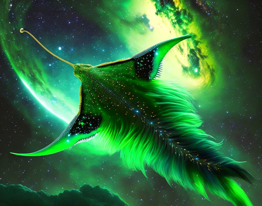 Fantastical green bird-like creature with luminous wings on cosmic nebula background