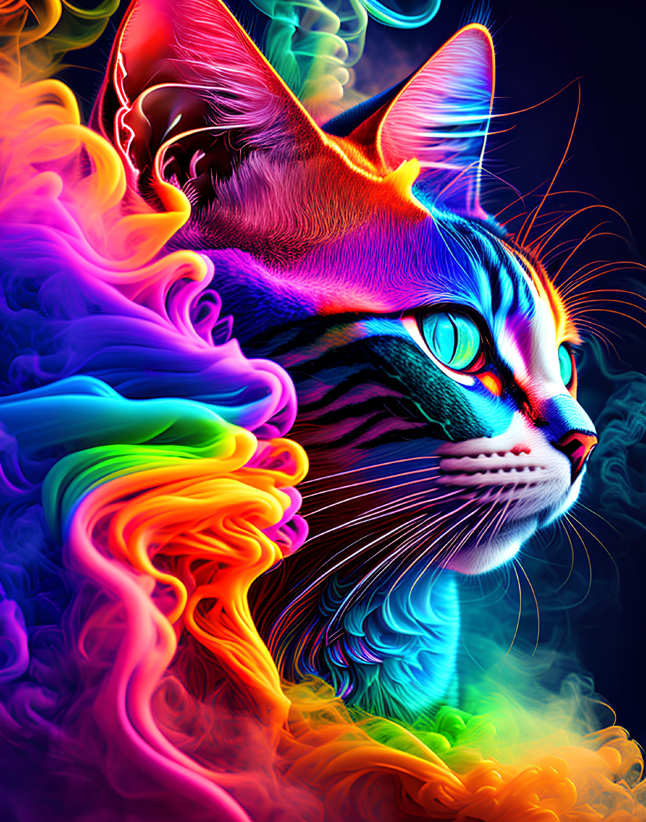 Colorful Digital Art: Rainbow Cat with Neon Mane