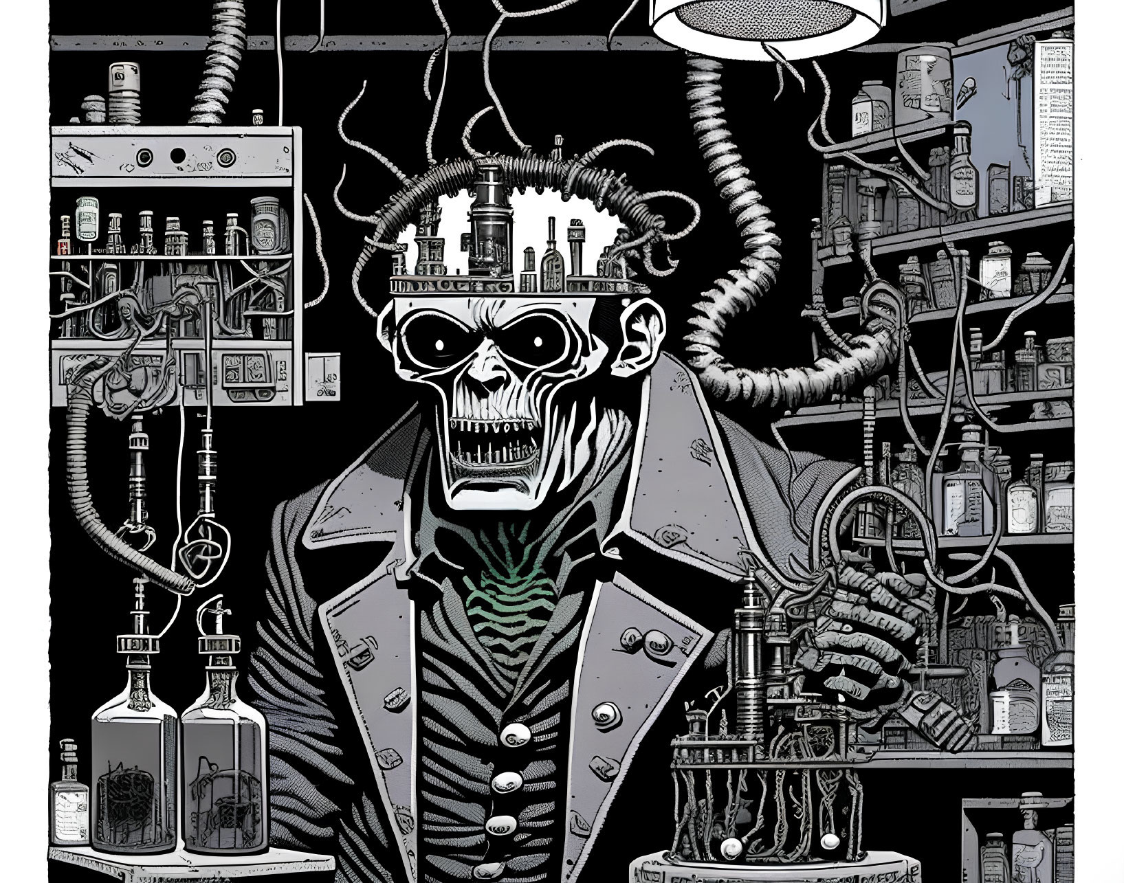 Monochromatic skeletal figure with mechanical elements in lab setting