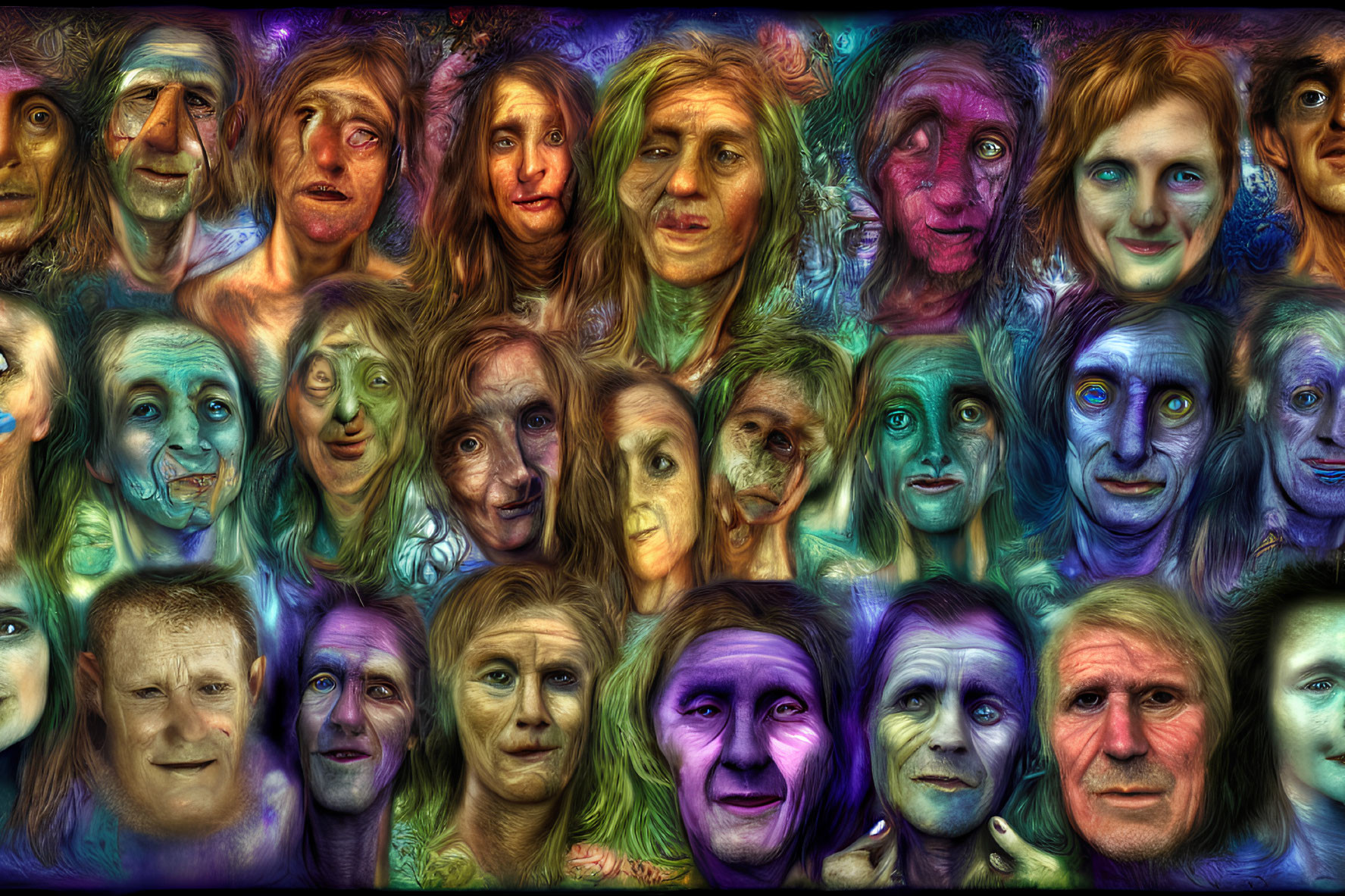 Colorful Collage of Distorted Human Faces Showing Emotions