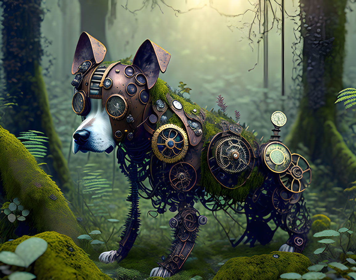 Steampunk Mechanical Dog in Lush Green Forest