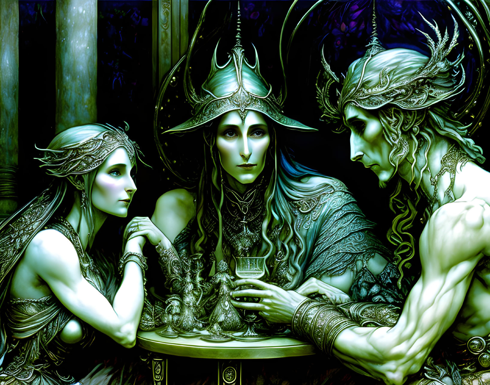 Fantasy elf-like creatures in intricate armor, sharing a mystical moment in emerald-hued room