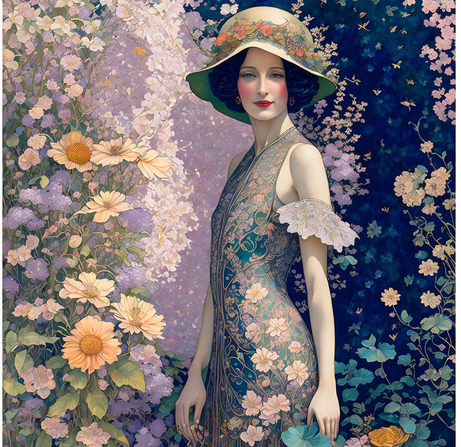 Vintage-style painting of elegant woman in patterned dress and wide-brimmed hat with colorful flowers.