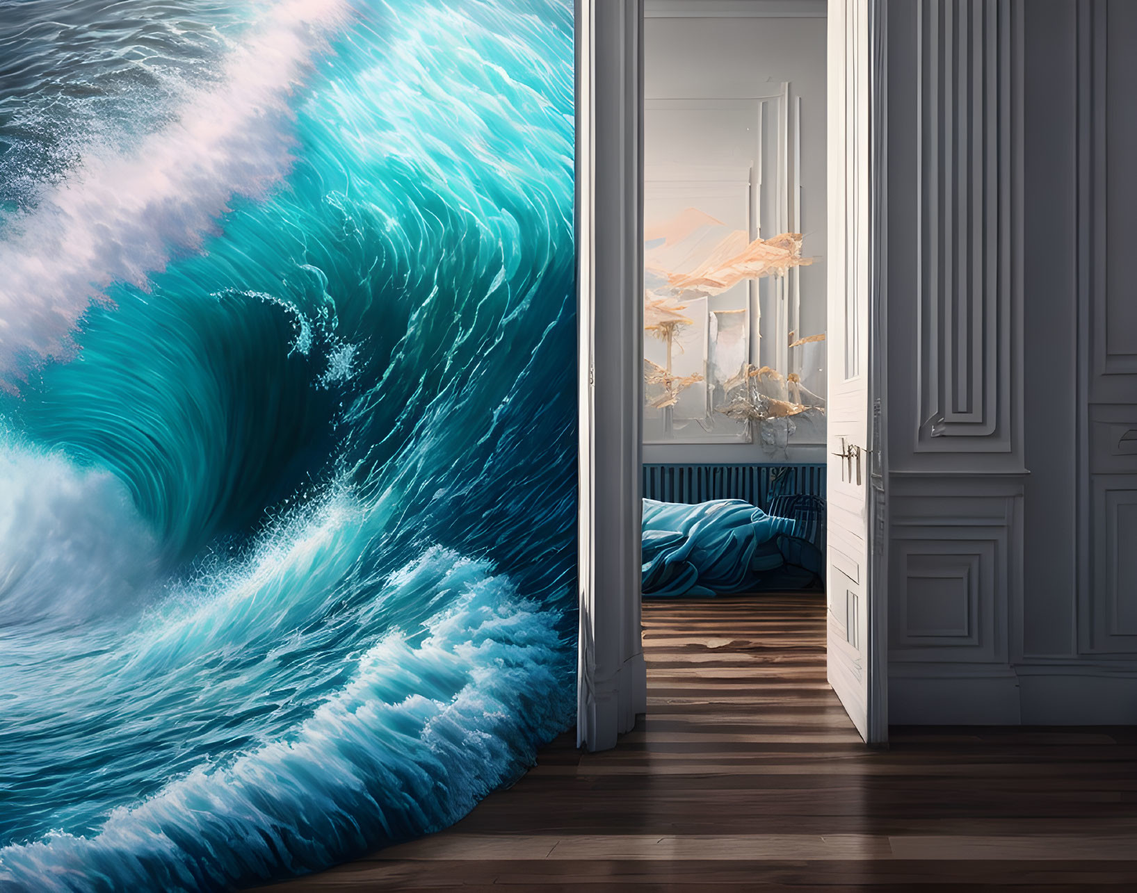 Surreal artwork: giant wave approaching serene bedroom with paper birds