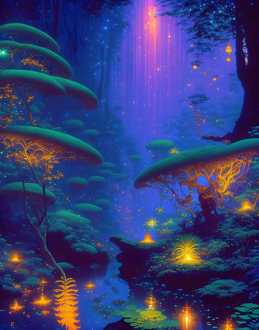 Enchanting forest scene with oversized glowing mushrooms and ethereal light.