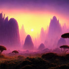 Fantastical landscape with purple spires and alien-like trees at sunset