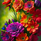 Colorful Orange, Red, and Purple Flower Bouquet on Green Background