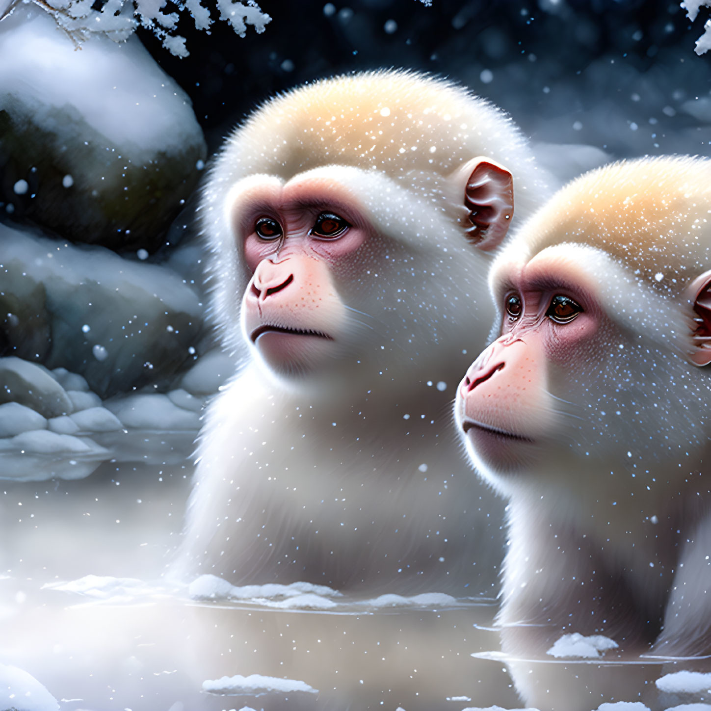 Snow monkeys with white fur in snowfall scene.