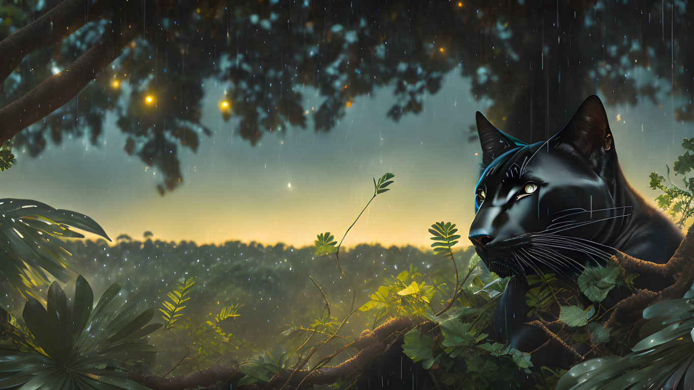 Digital artwork: Massive black cat in jungle under twilight sky