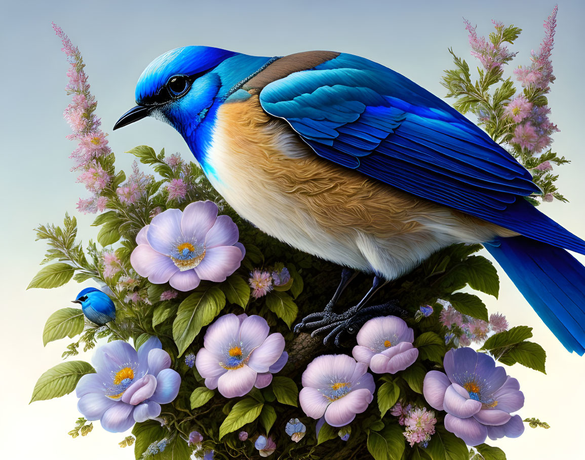 Colorful bird illustration perched on bush with pink flowers