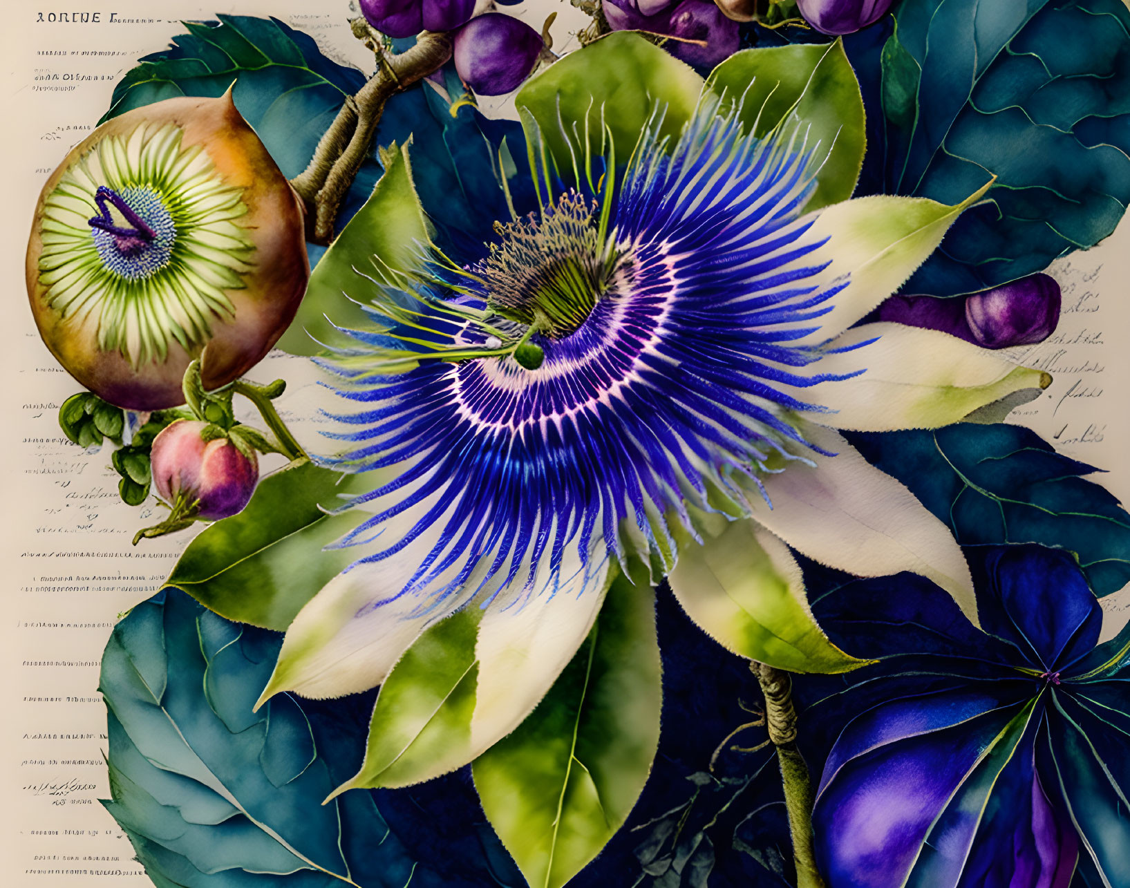 Colorful passion flowers on script background with fruit and foliage