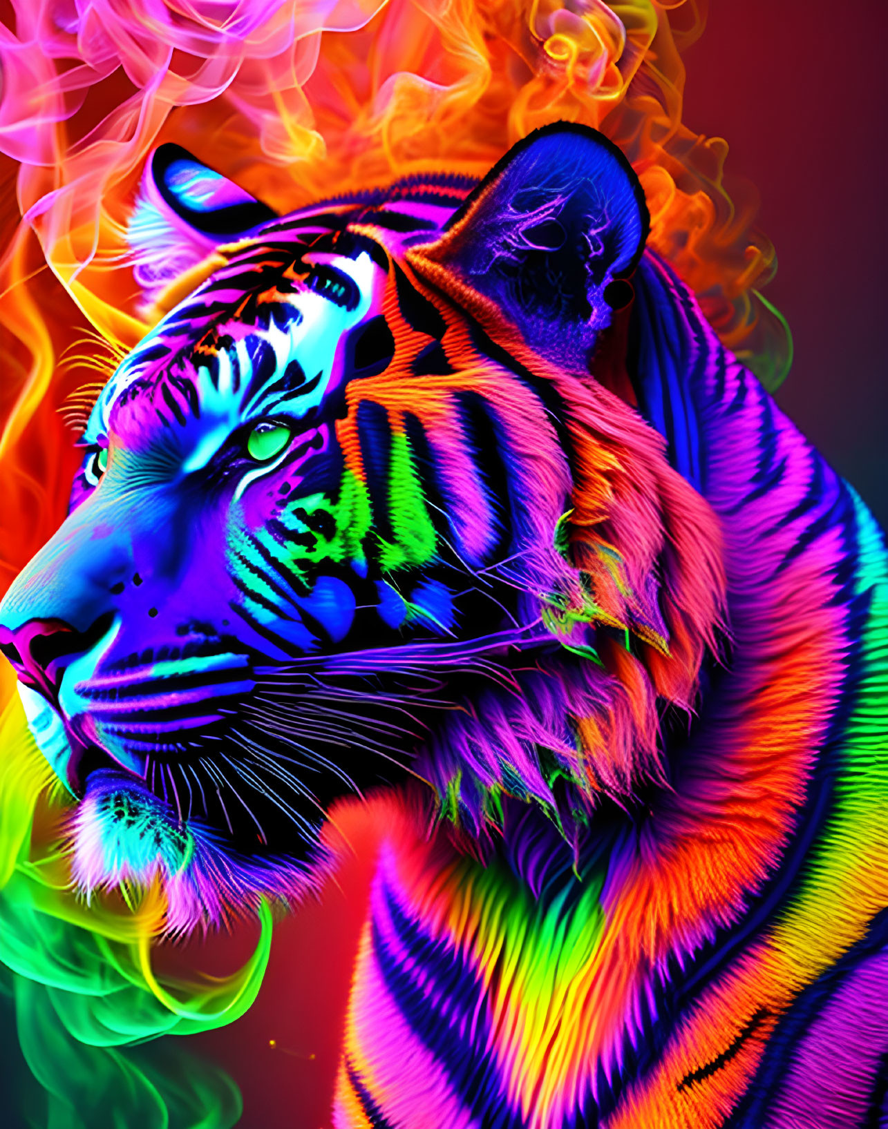 Colorful Neon Tiger with Smoky Face Effect