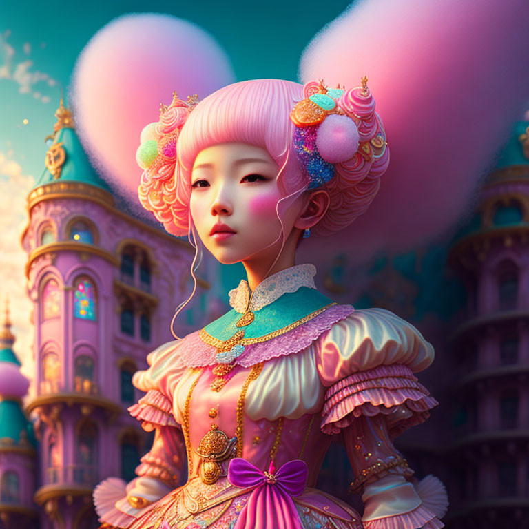 Whimsical digital artwork of girl with pink hair in Victorian dress by castle-like structures