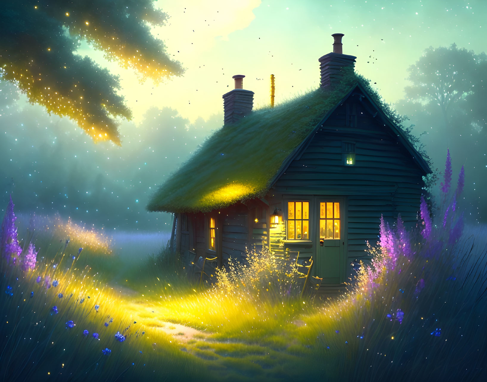 Mystical Twilight Cottage Amid Nature and Firefly Lights