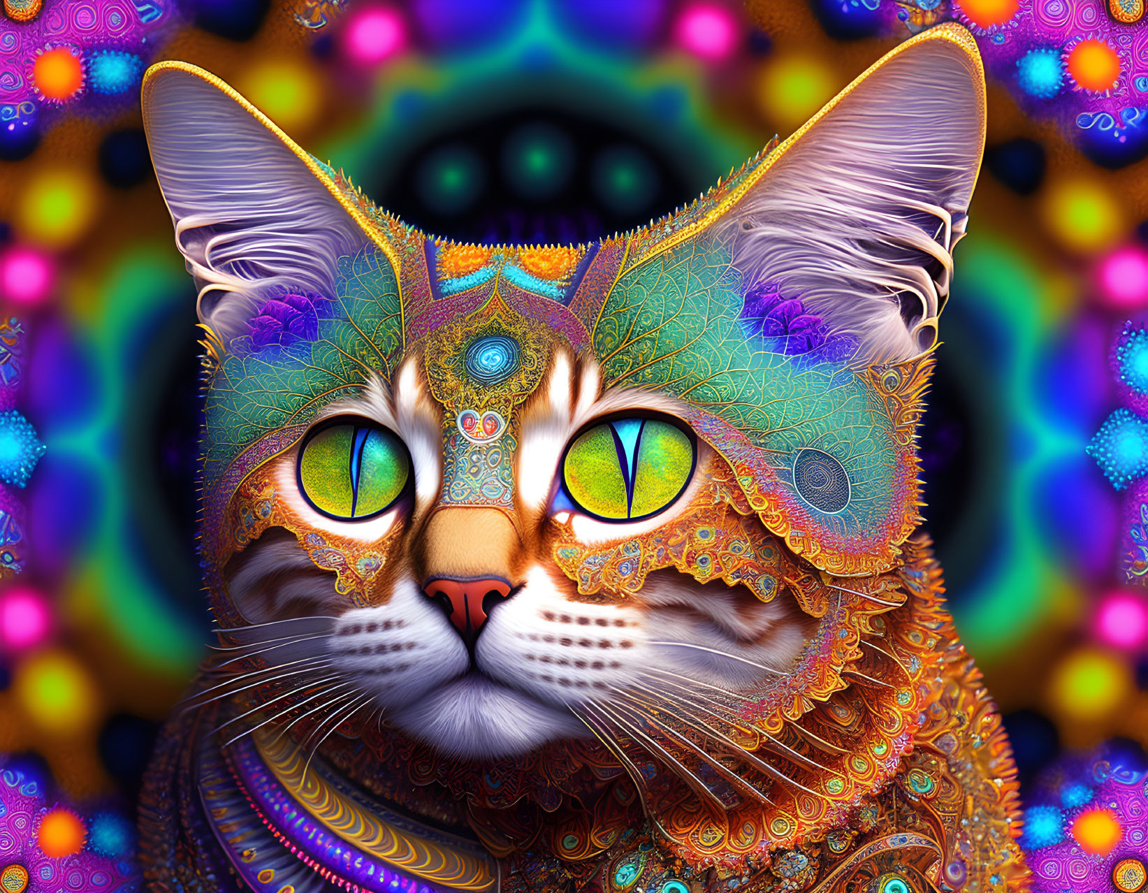 Colorful Psychedelic Cat Artwork with Yellow Eyes and Fractal Background