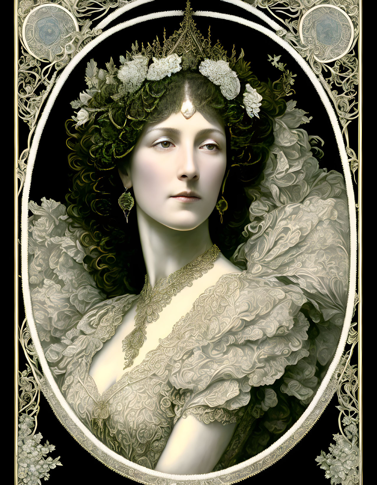 Detailed illustration of woman with ornate headwear and lace collar in oval frame with floral and geometric designs