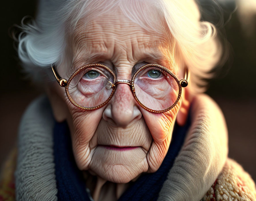 Elderly Woman with Blue Eyes and White Hair in Knit Sweater