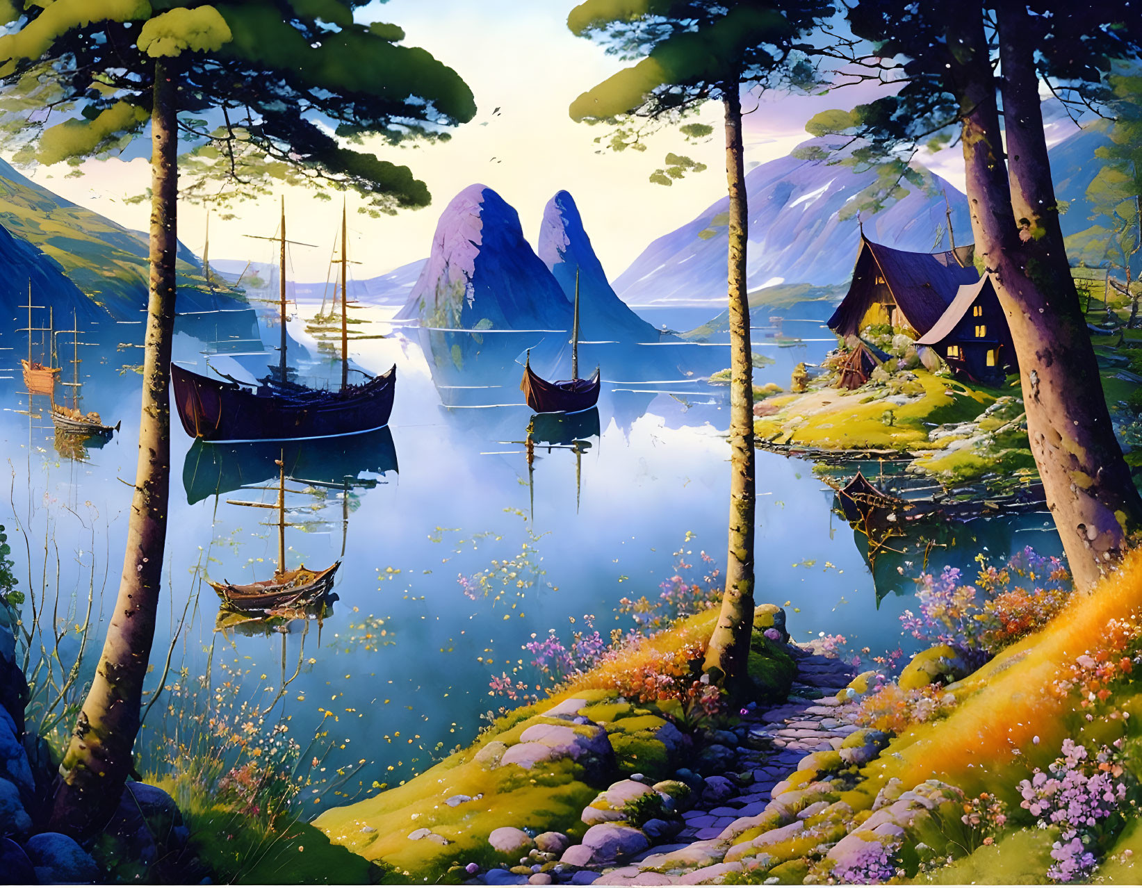 Tranquil lakeside scene with Viking boats, stone pathway, traditional houses, and mountains in lush