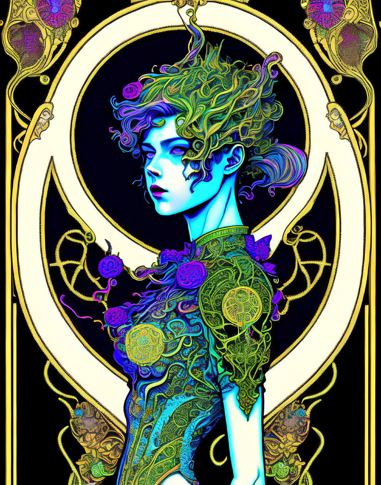 Colorful digital artwork of stylized woman with intricate hair and detailed garment against Art Nouveau background