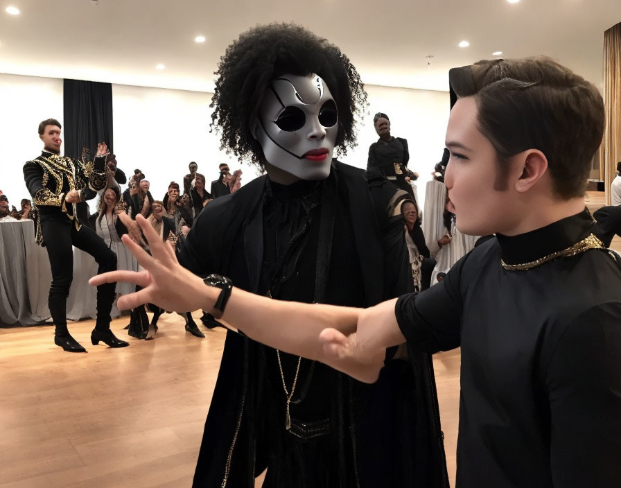 Black and white masked figures in ornate setting with spectators and performers