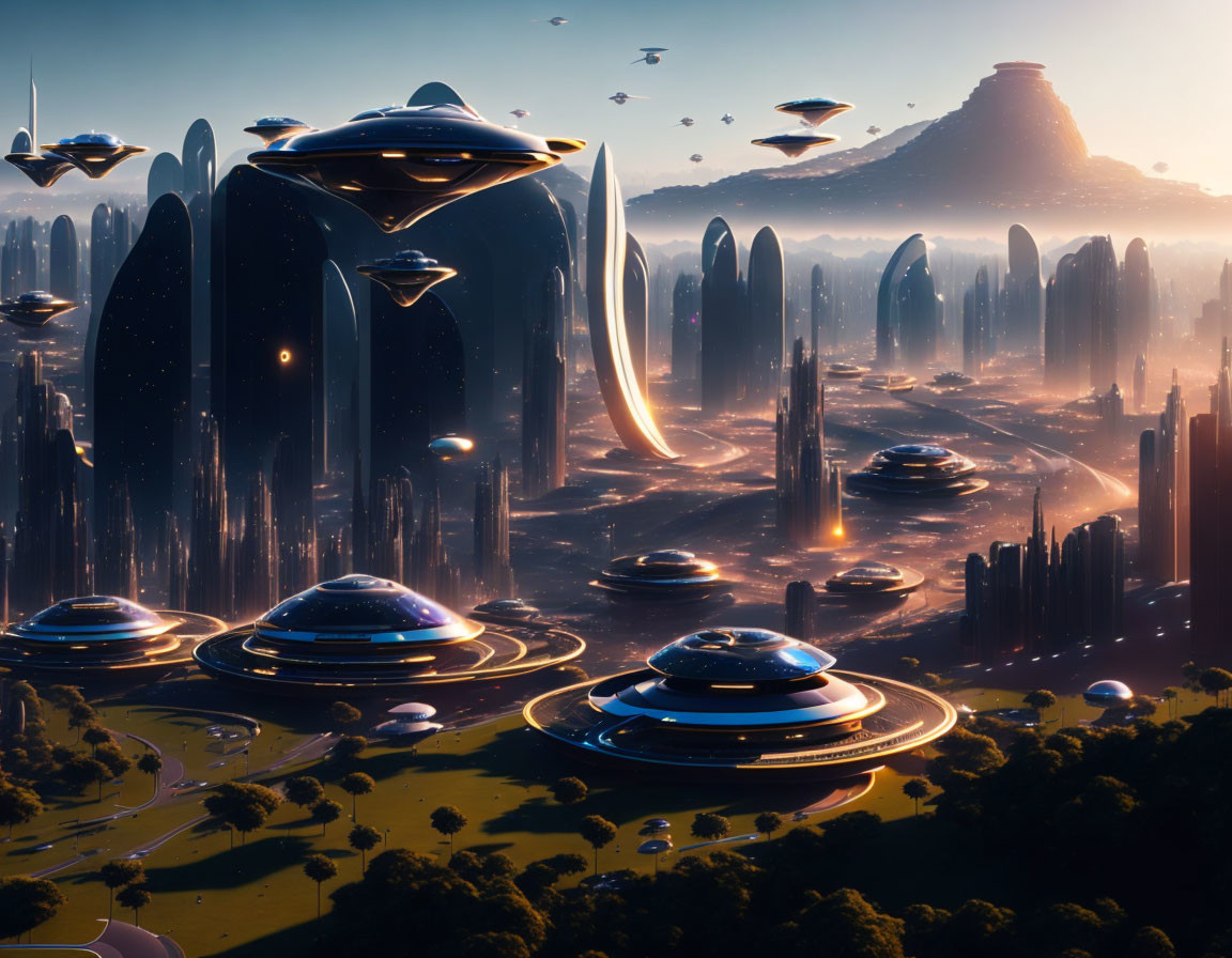 Futuristic cityscape with sleek buildings and flying vehicles at sunrise