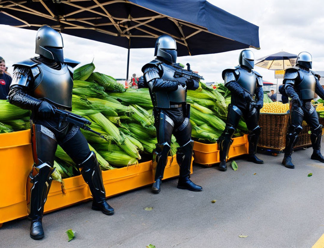 People in futuristic armor costumes with prop weapons near corn crates.