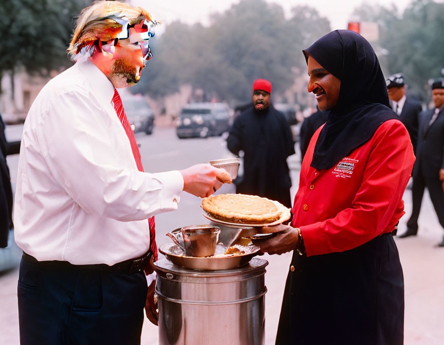 Colorful Masked Person Giving Pie to Woman in Black Hijab Beside Trash Can