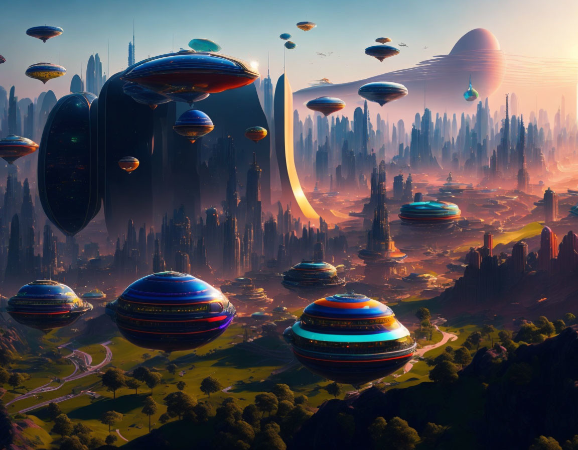 Futuristic cityscape with skyscrapers, greenery, and floating spheres under planetary sky