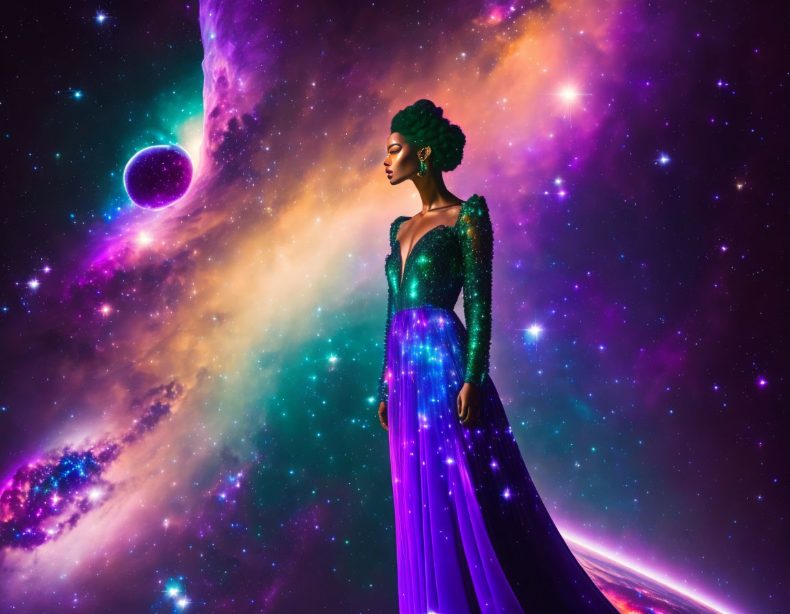 Sparkling dress woman in cosmic backdrop with galaxies and planet