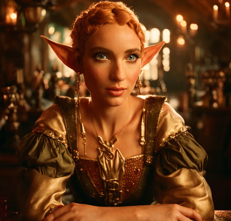 Pointy-eared elf with blue eyes and red hair in a medieval tavern wearing a golden dress.