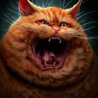 Detailed orange tabby cat with wide amber eyes and open mouth on dark background