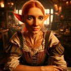 Pointy-eared elf with blue eyes and red hair in a medieval tavern wearing a golden dress.