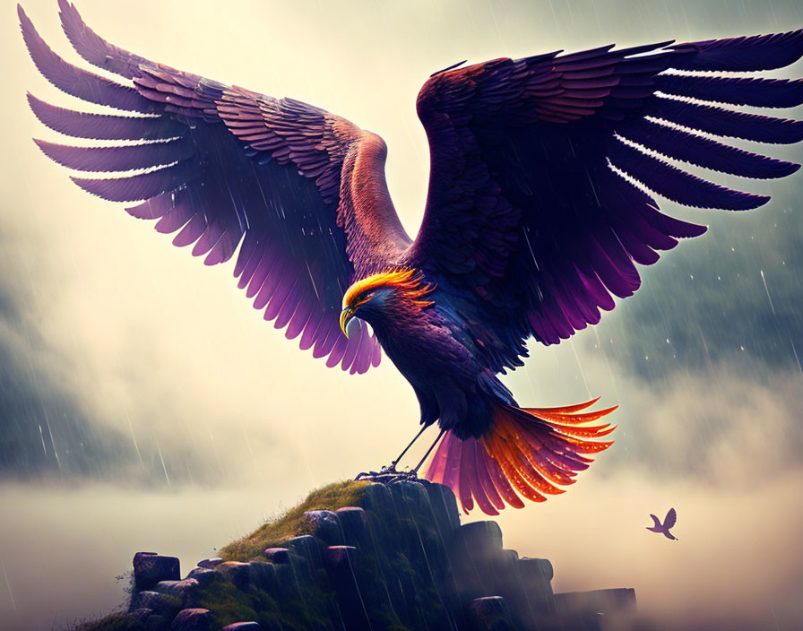 Majestic eagle perched on rocky peak with outstretched wings