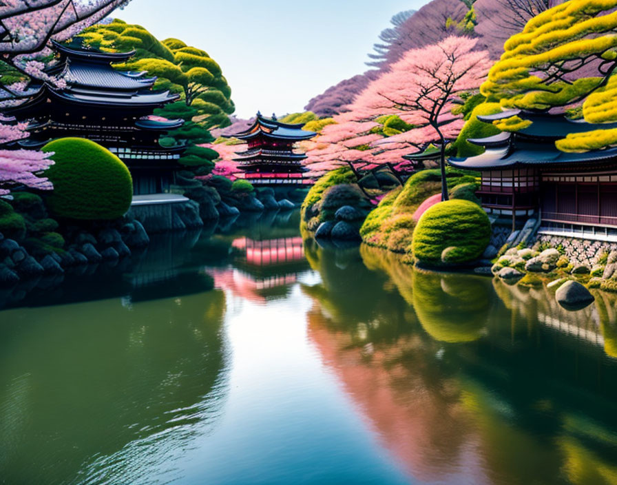 Japanese Buildings and Colorful Trees Reflected in Tranquil Pond