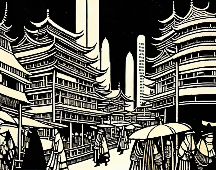 Monochrome Asian town scene with traditional buildings and people holding umbrellas